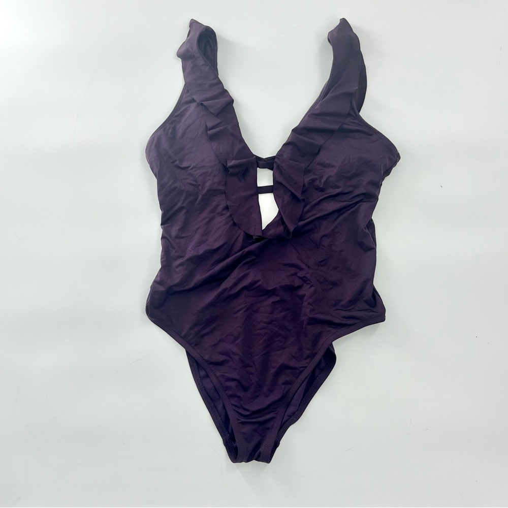 Shade & Shore L Plum Ruffle V-neck Low Back One Piece Swimsuit.